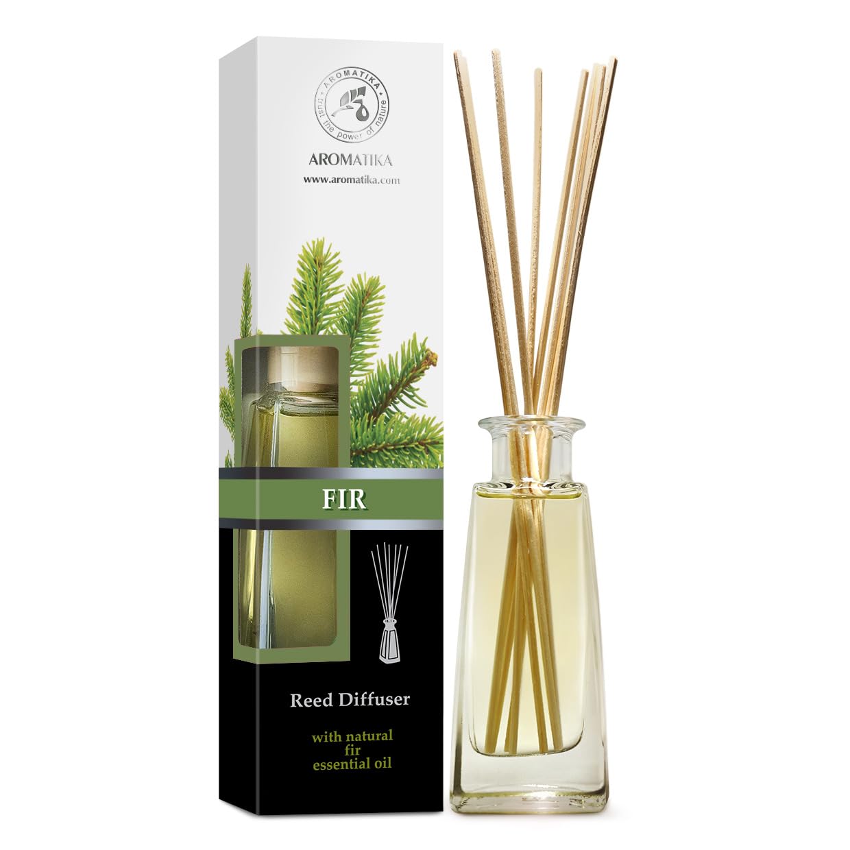 AROMATIKA Pine Reed Diffuser bottle delivers a steady conifer scent for any room.