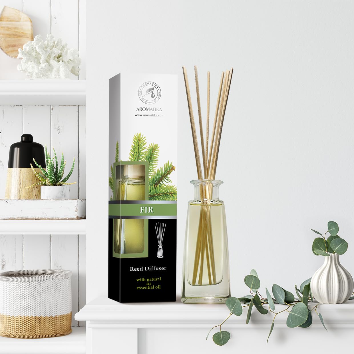 AROMATIKA Pine Reed Diffuser label highlights botanicals and usage tips.