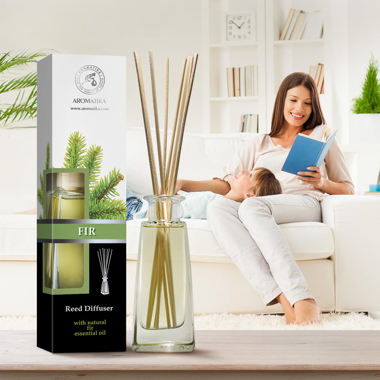 AROMATIKA Pine Reed Diffuser in living room creates inviting, nature-inspired atmosphere.