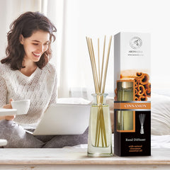 AROMATIKA label on cinnamon reed diffuser for easy product identification