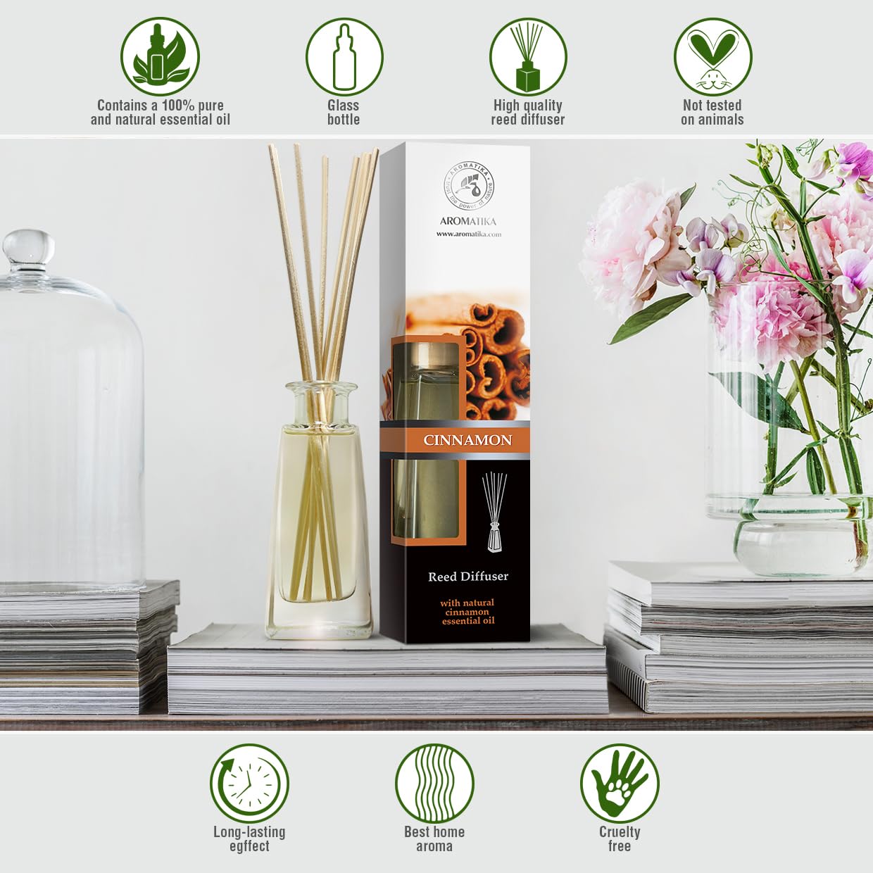 AROMATIKA cinnamon reed diffuser set with two 100 ml bottles for long lasting fragrance