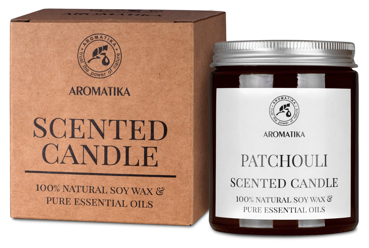 AROMATIKA Patchouli candle front view shows natural aesthetic and clean-burning soy wax