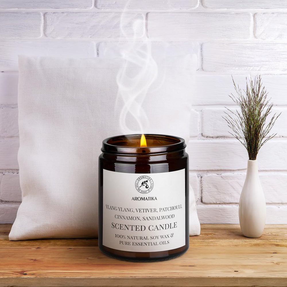 AROMATIKA scented candle room-ambience-closeup demonstrates soothing scent for relaxation.