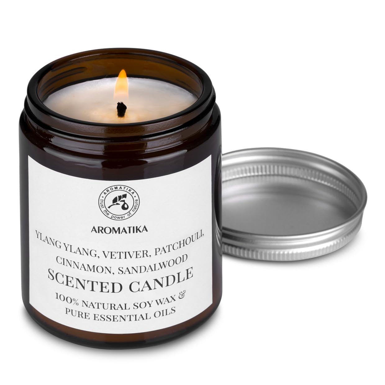 AROMATIKA scented candle vetiver cinnamon sandalwood close-up enhances warm ambiance for evenings.