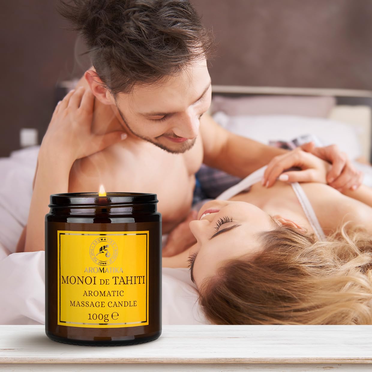 AROMATIKA Scented Massage Candle Monoi de Tahiti enhances relaxing room ambience