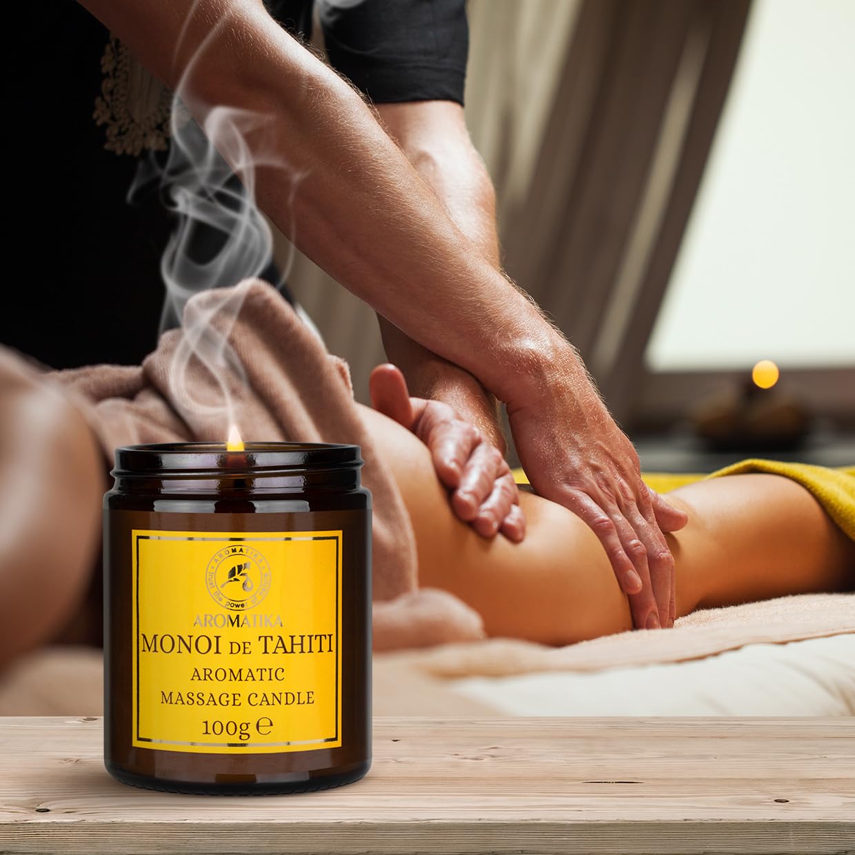 AROMATIKA Scented Massage Candle Monoi de Tahiti supports skin-care application with moisture