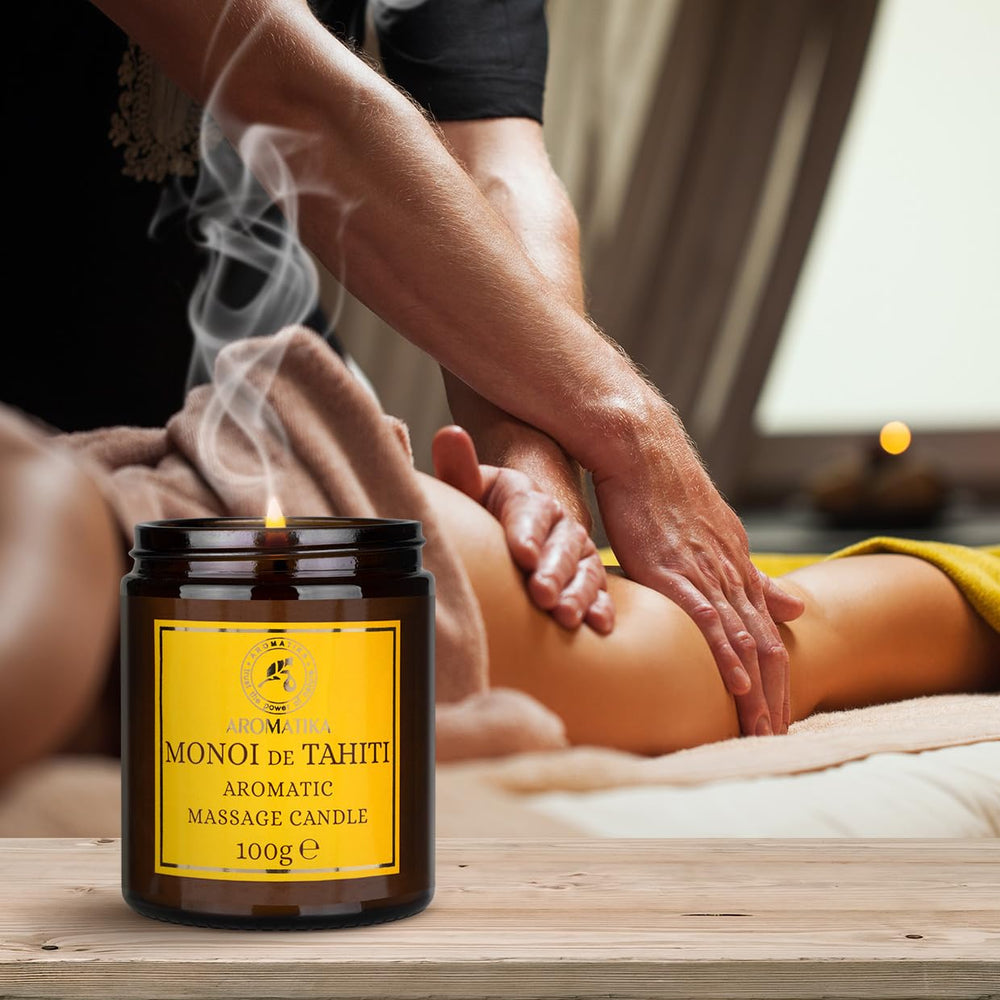AROMATIKA Scented Massage Candle Monoi de Tahiti supports skin-care application with moisture