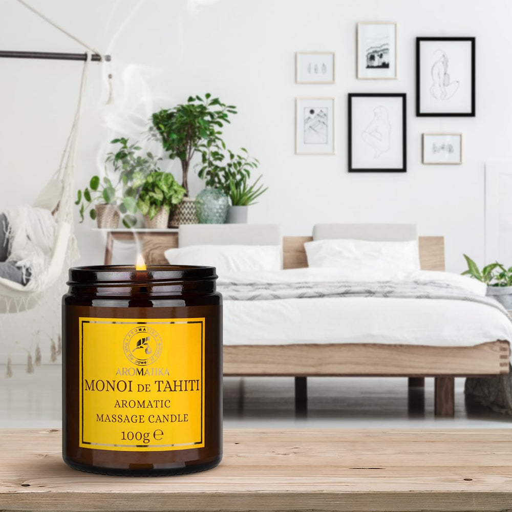 AROMATIKA Scented Massage Candle Monoi de Tahiti vanilla oleoresin leaves comforting scent