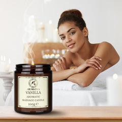 AROMATIKA Scented Massage Candle Vanilla lit glow suggesting relaxation and mood-boosting aromatherapy.