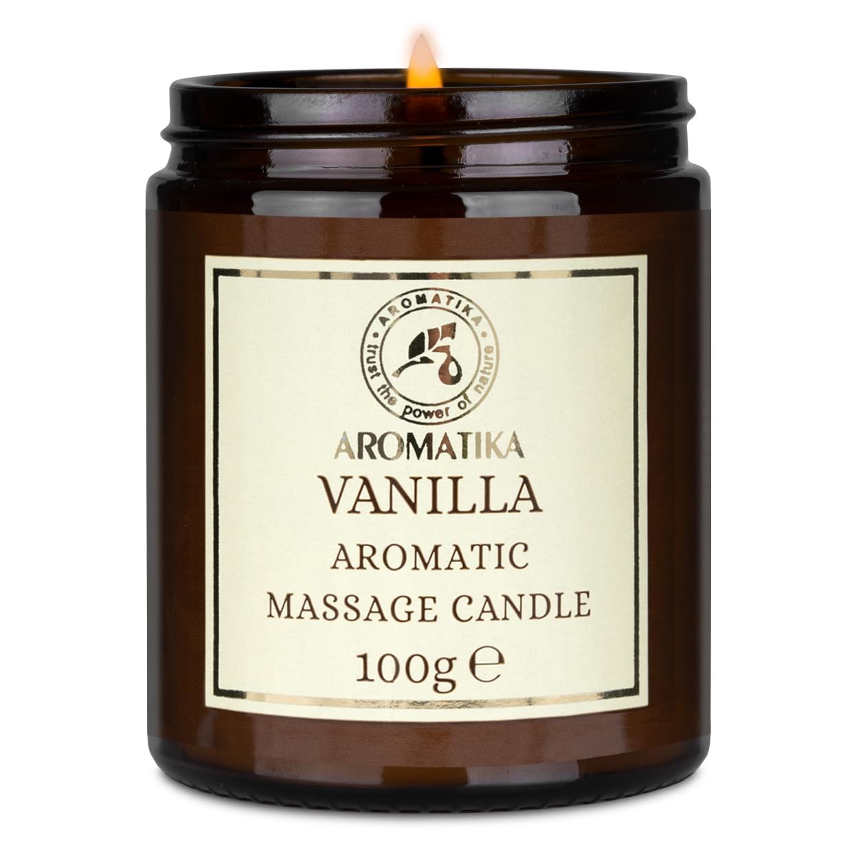 AROMATIKA Scented Massage Candle Vanilla with oil melt-in massage for silky skin after-use.