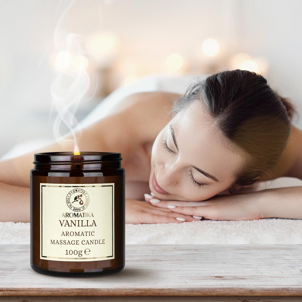 AROMATIKA Scented Massage Candle Vanilla product shot highlights sustainable soy wax and skin-loving oils.