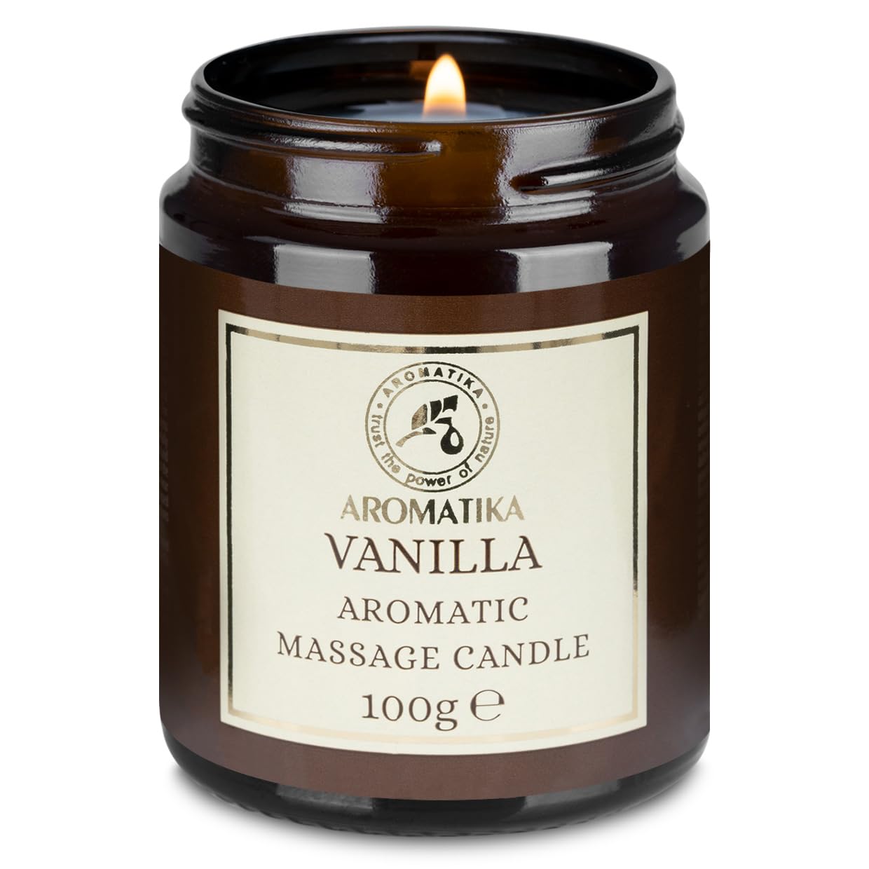 AROMATIKA Scented Massage Candle Vanilla pour captures a cozy scene, offering skin-nourishing massage and calming aroma.