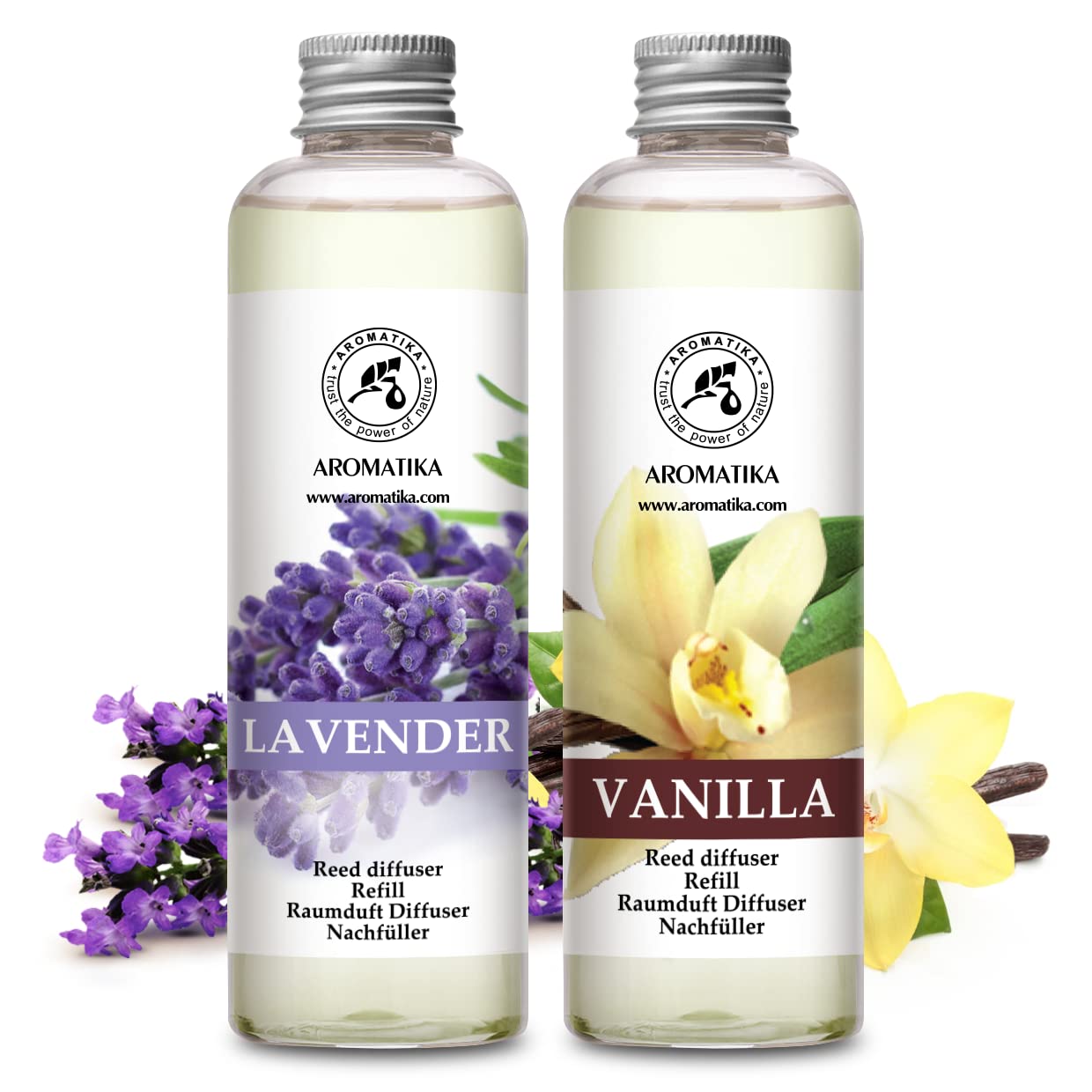 AROMATIKA Vanille reed diffuser refill bottle adds cozy fragrance to an office