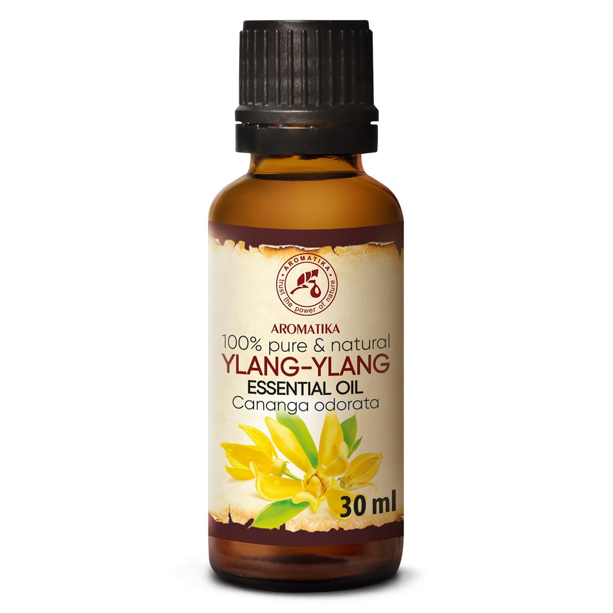 AROMATIKA Ylang Ylang oil bottle for aromatherapy and mood-boost.