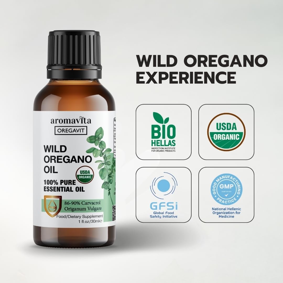 Ingredients and purity label for Aromavita Wild Oregano Oil