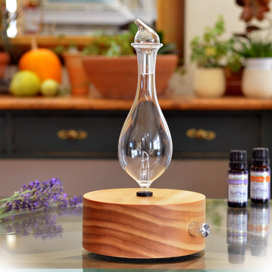 ArOmis premium glass nebulizer with hand-blown borosilicate glass reservoir and wooden base