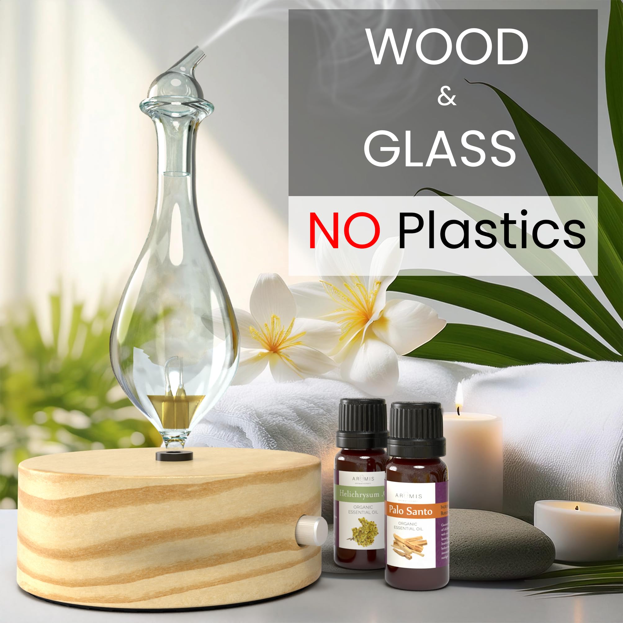 Close-up of borosilicate glass reservoir in natural pine wood base