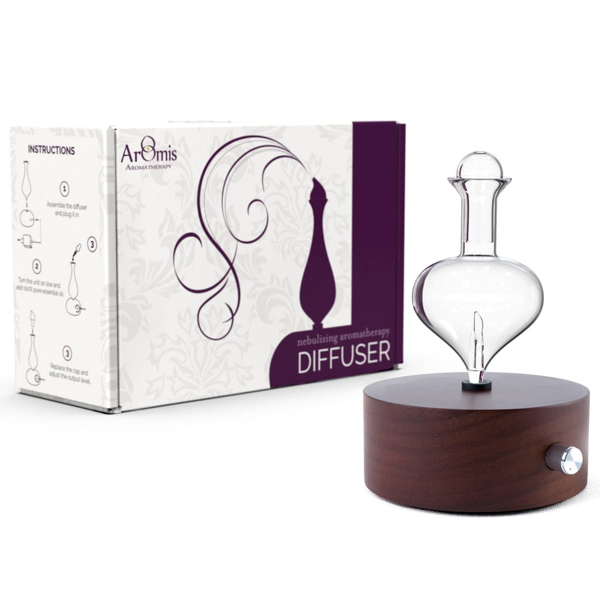 ArOmis Premium Glass Essential Oils Nebulizer with glass reservoir and wooden base