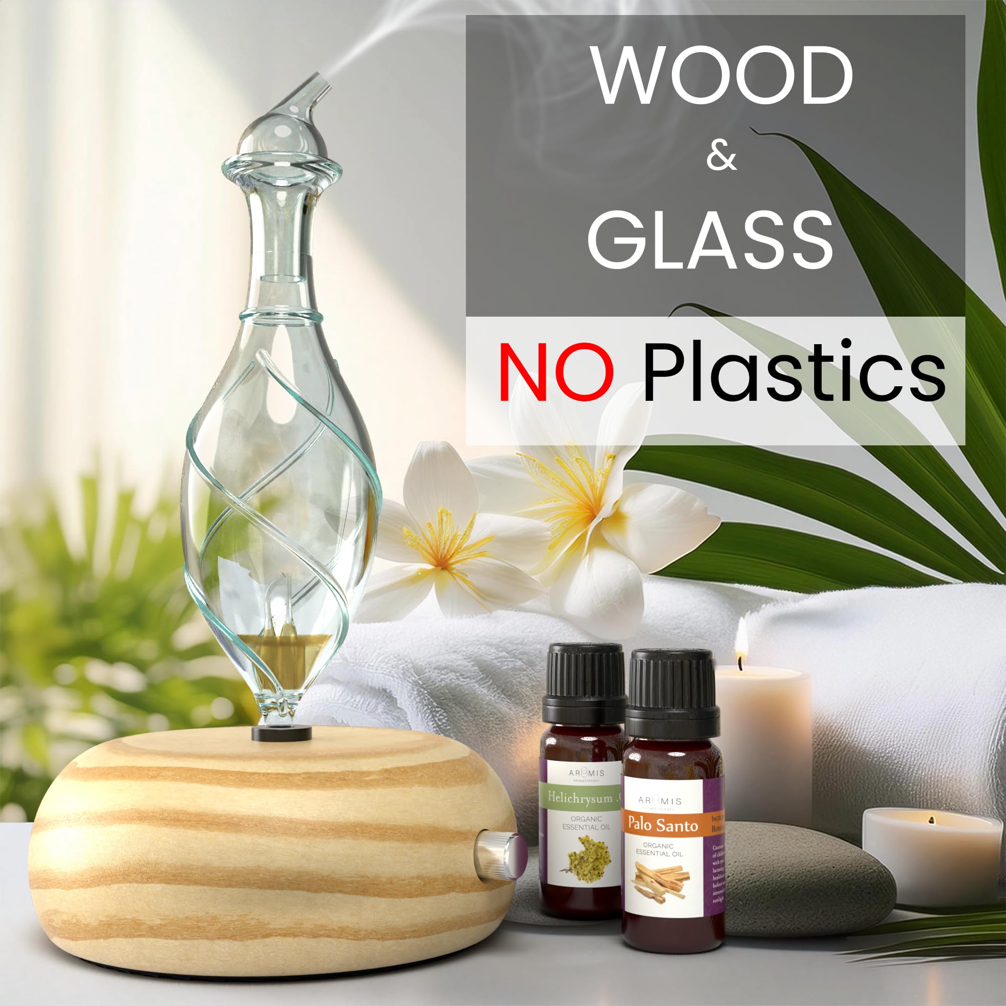 Hand-blown borosilicate glass diffuser with wooden base