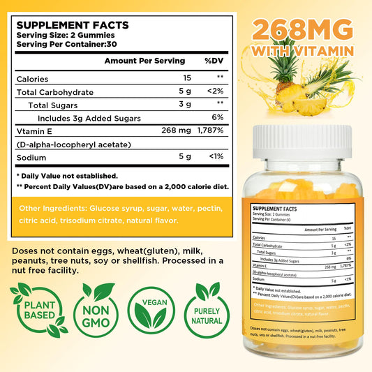 Close-up of gummies showing 268 mg Vitamin E per serving