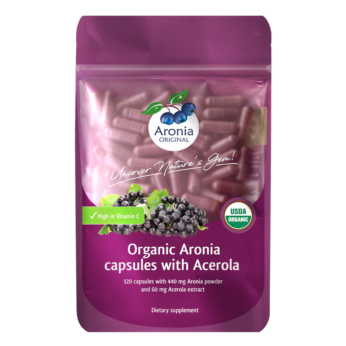 Organic Aronia Berry Capsules bottle with label