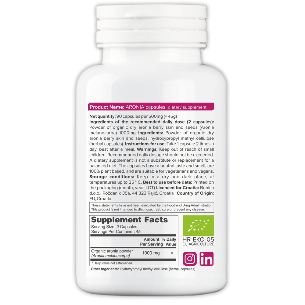 Bottle of Organic Aronia Berry Capsules with label