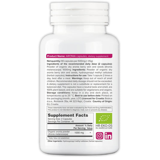 Bottle of Organic Aronia Berry Capsules with label
