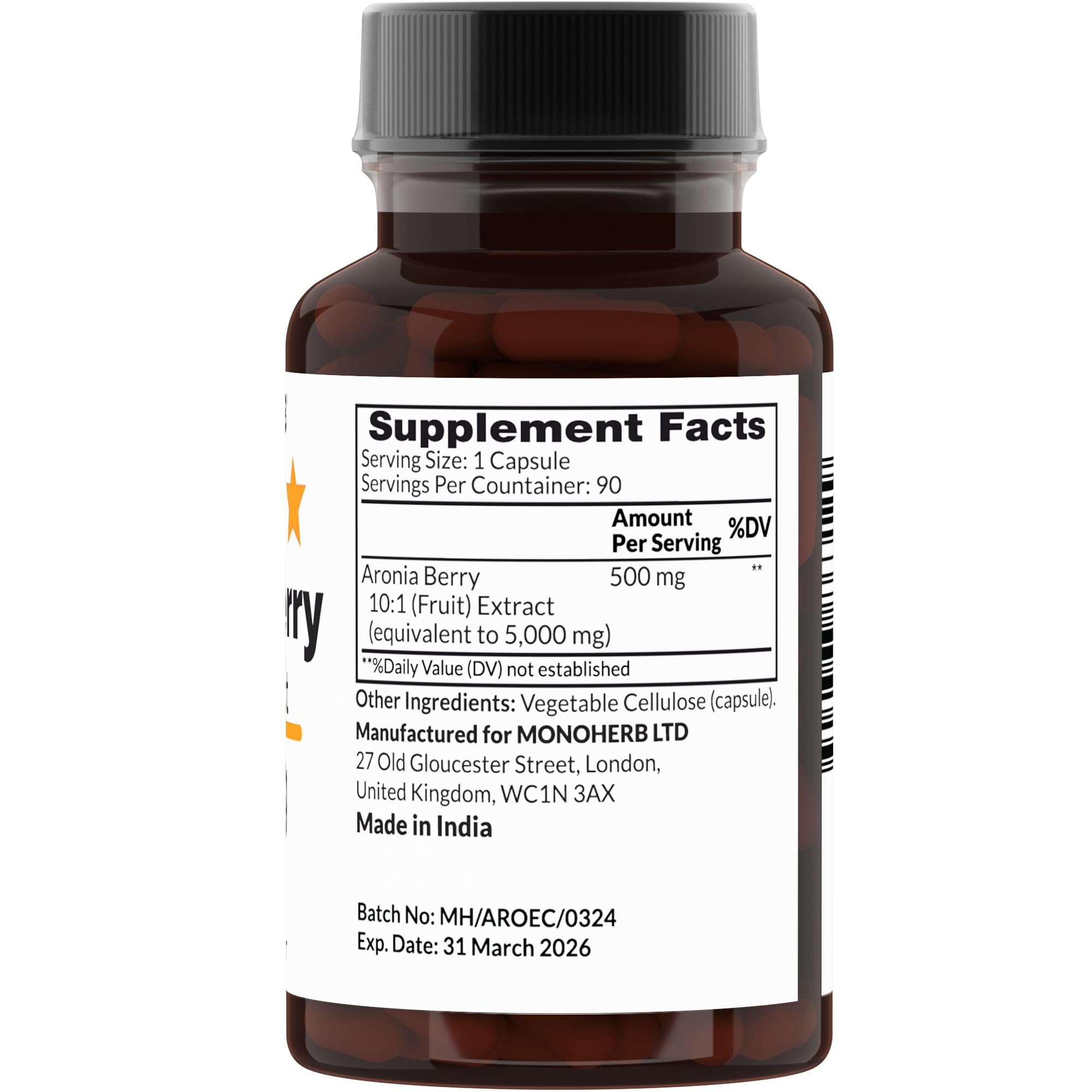 Close-up of Aronia Berry Extract capsules and bottle