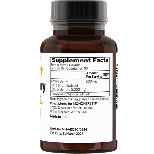 Close-up of Aronia Berry Extract capsules and bottle