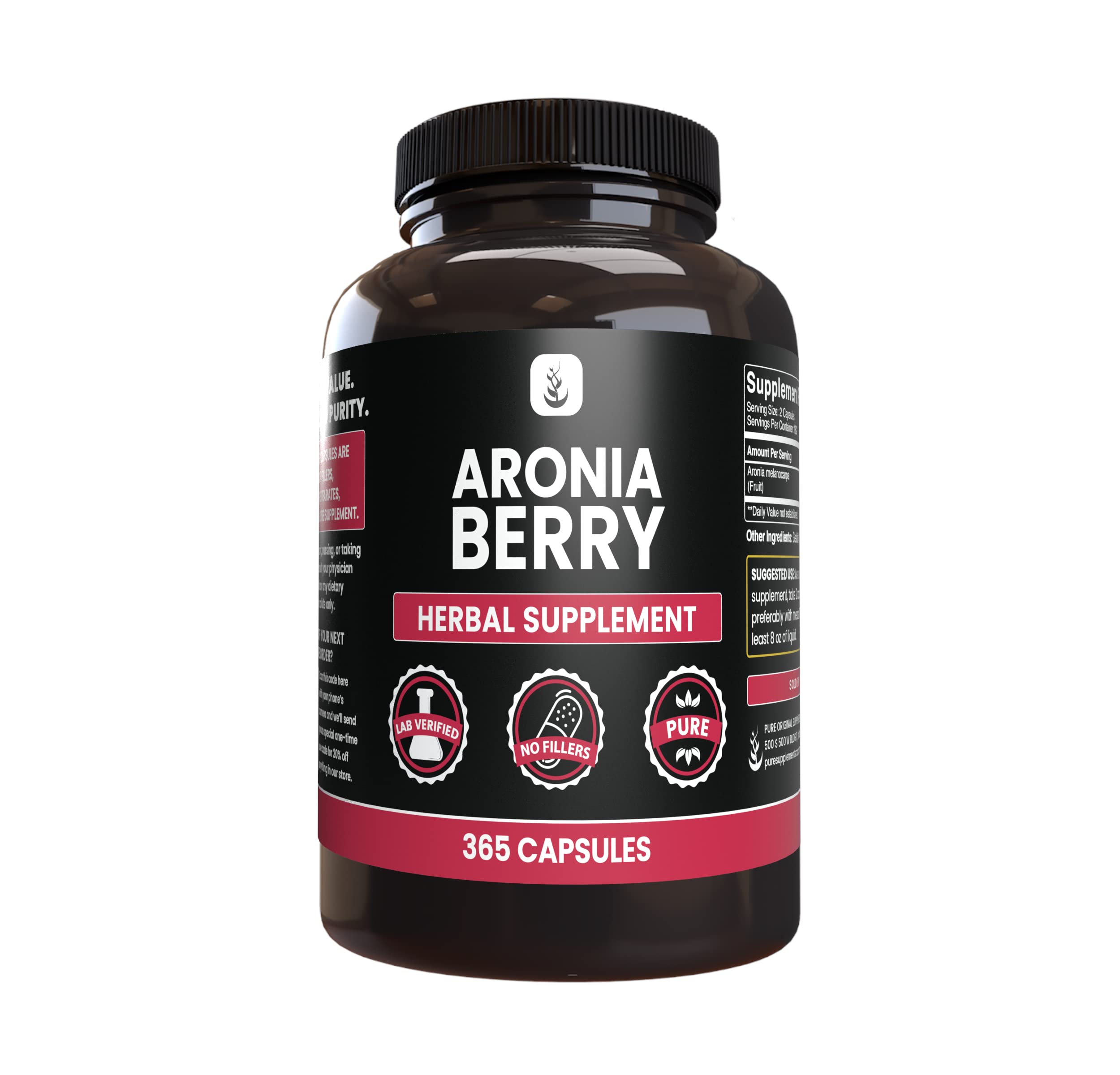 Bottle of PURE ORIGINAL INGREDIENTS Aronia Berry Extract capsules, 365-count