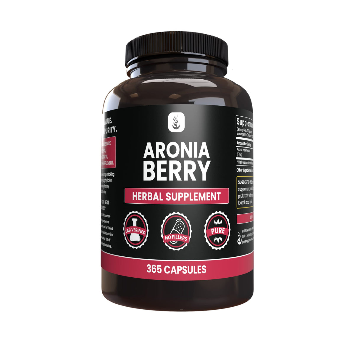Bottle of PURE ORIGINAL INGREDIENTS Aronia Berry Extract capsules, 365-count