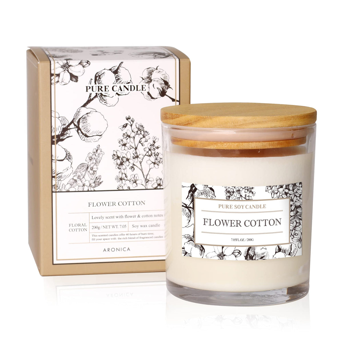 Aronica Cotton Candle in a glass jar with wooden cap