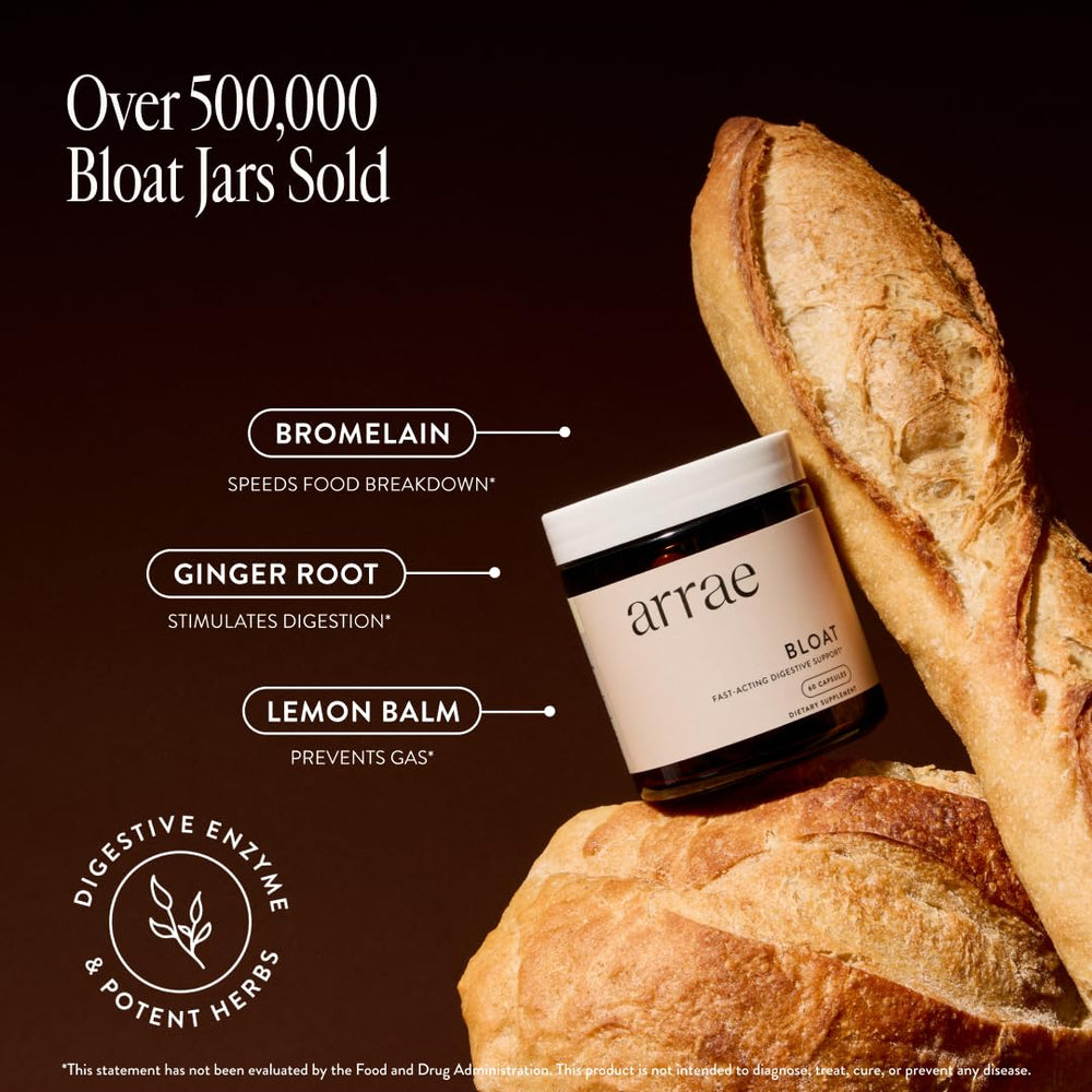 Graphic of natural ingredients used in Arrae Bloat including Bromelain and Ginger Root