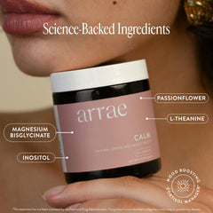 Arrae Calm label front showcases clean vegan formula for mood support.