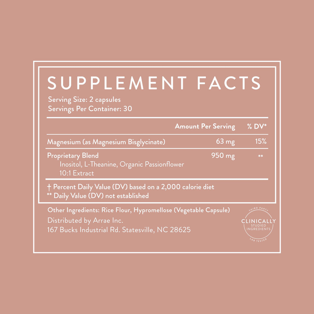 Arrae Calm magnesium bisglycinate bottle highlights gentle tension relief.