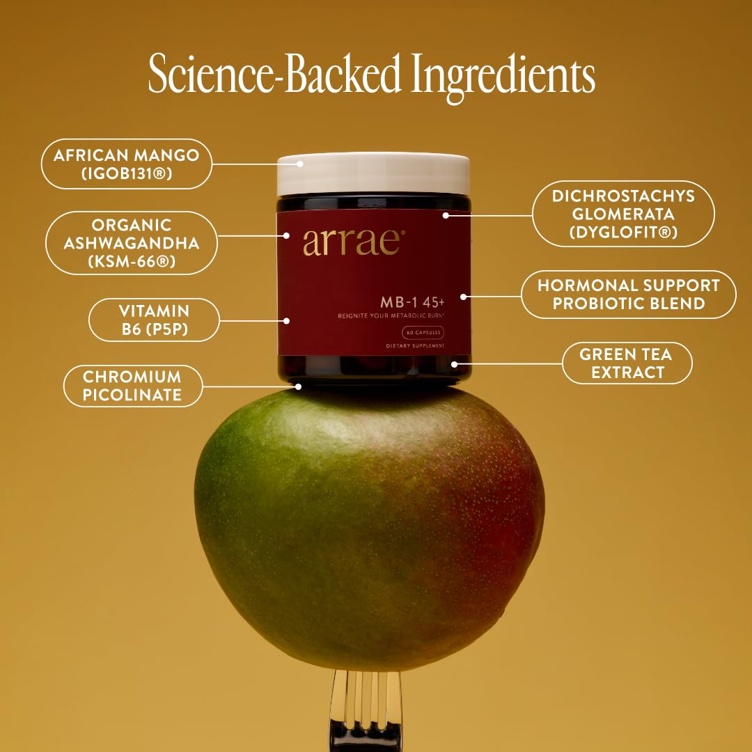 Arrae MB-1 45+ label detail shows natural ingredients for wellness.