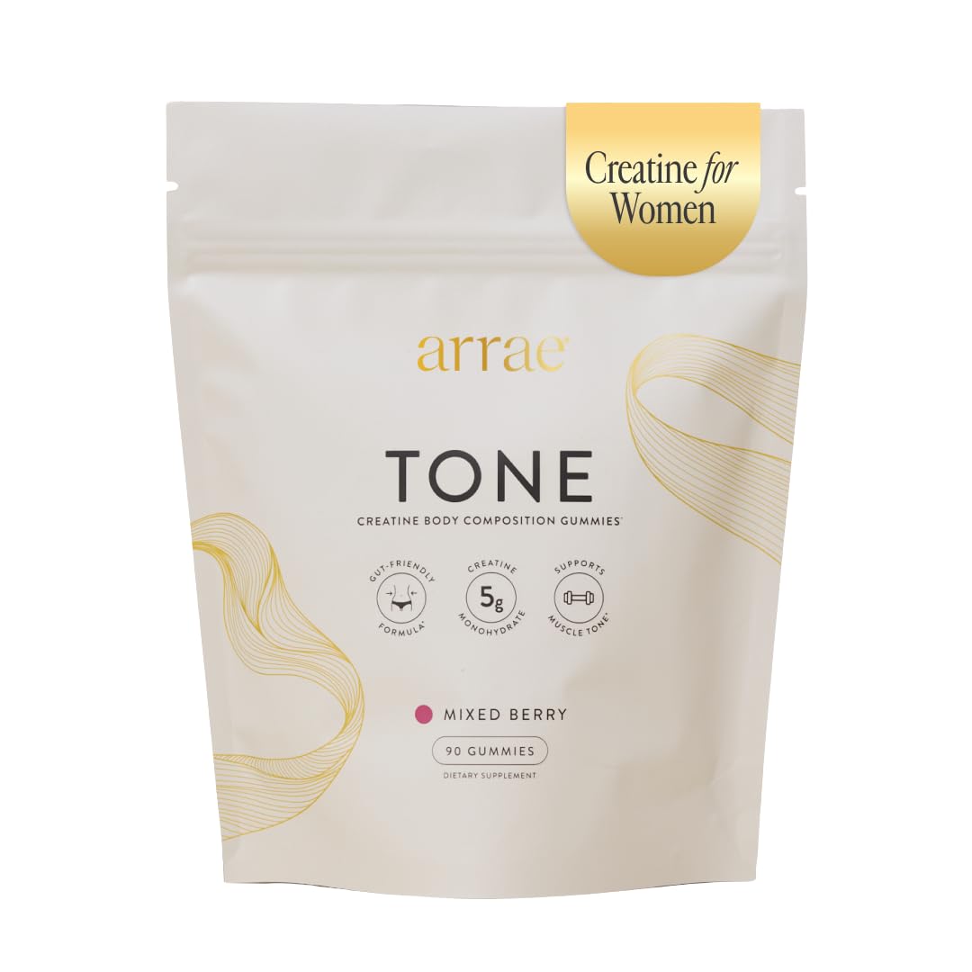 Arrae Tone Gummies mixed berry package showing 90-count bottle for daily lean muscle support