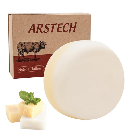 Arstech Beef Tallow Soap Bar on a wooden dish for gentle cleansing of face and hands.