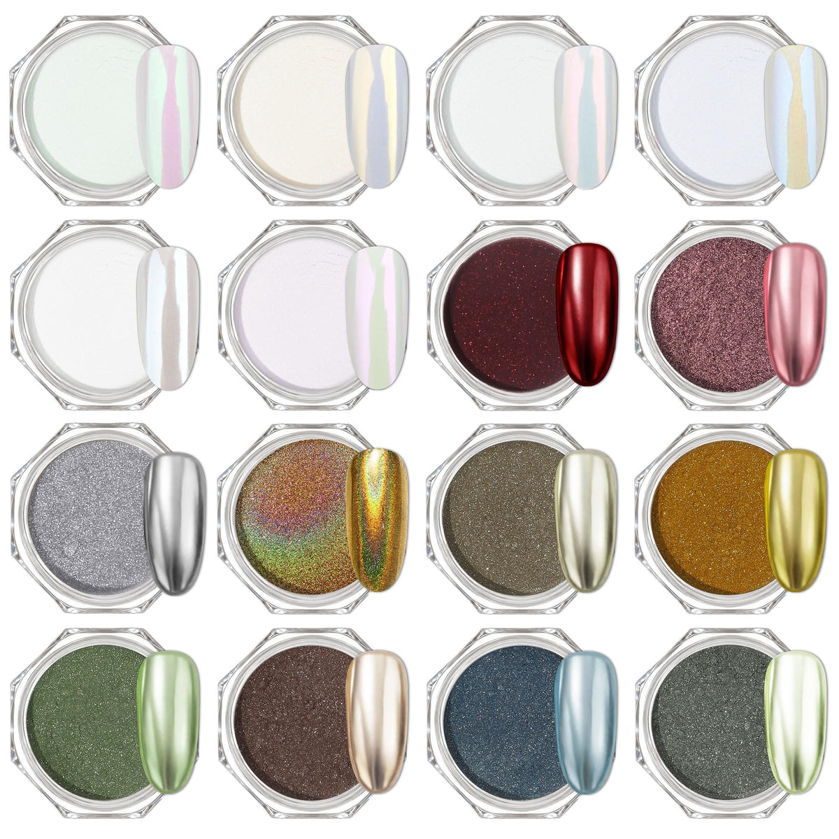 Artdone chrome nail powder kit with white-based powders for mirror effects.