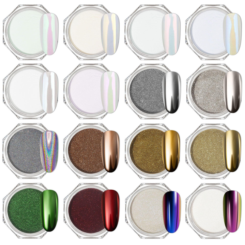 Artdone chrome nail powder collection shows 16 colors for a vivid mirror finish on gel nails.