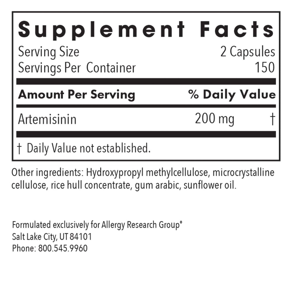Label and ingredients of Artemisinin GI tract supplement