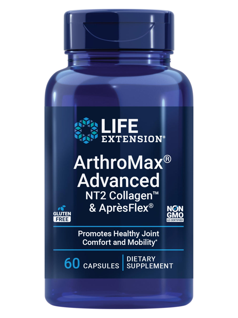 Bottle of Life Extension ArthroMax Advanced NT2 Collagen & AprèsFlex 60 capsules