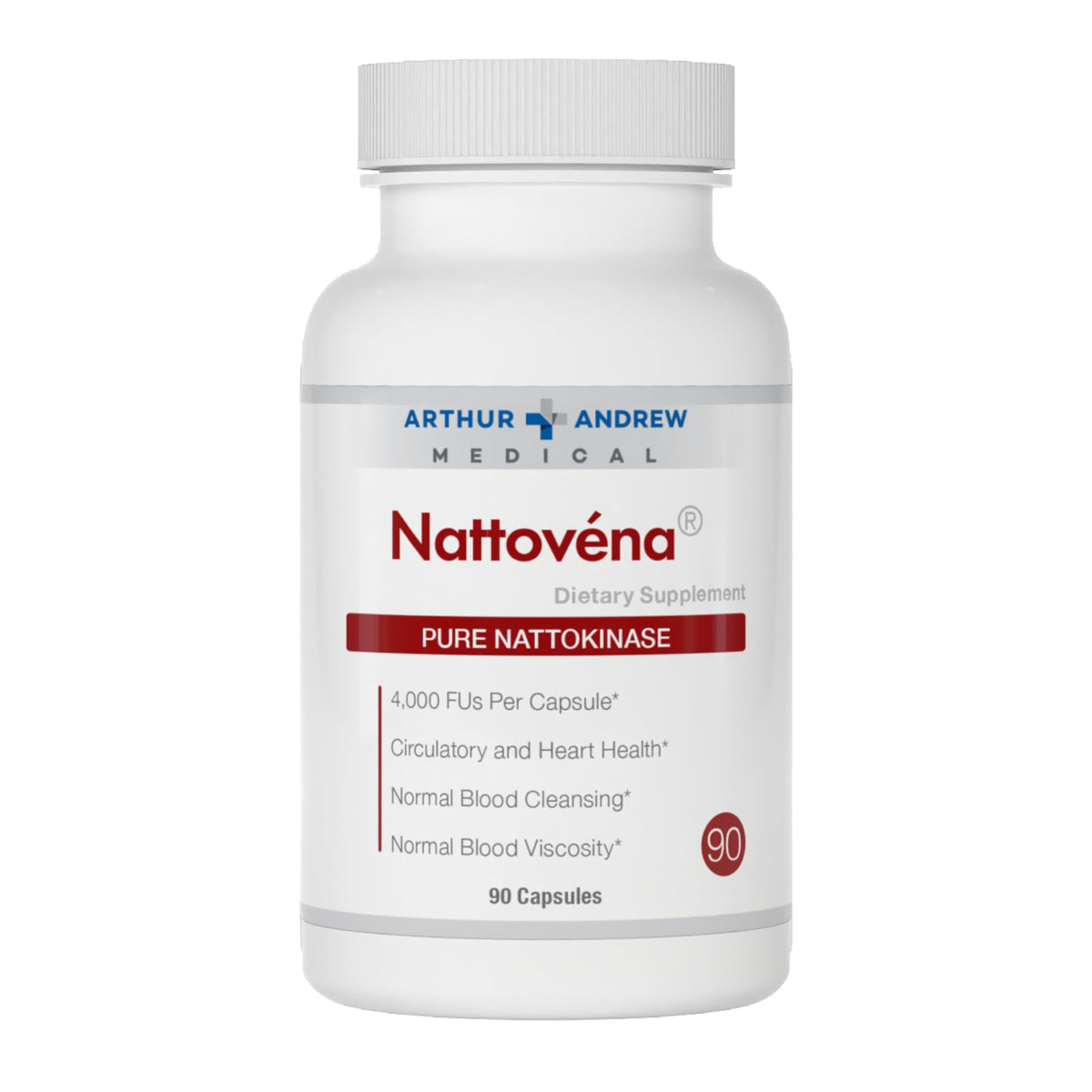 Bottle of Arthur Andrew Medical Nattovena 90-count capsules with Pure Nattokinase