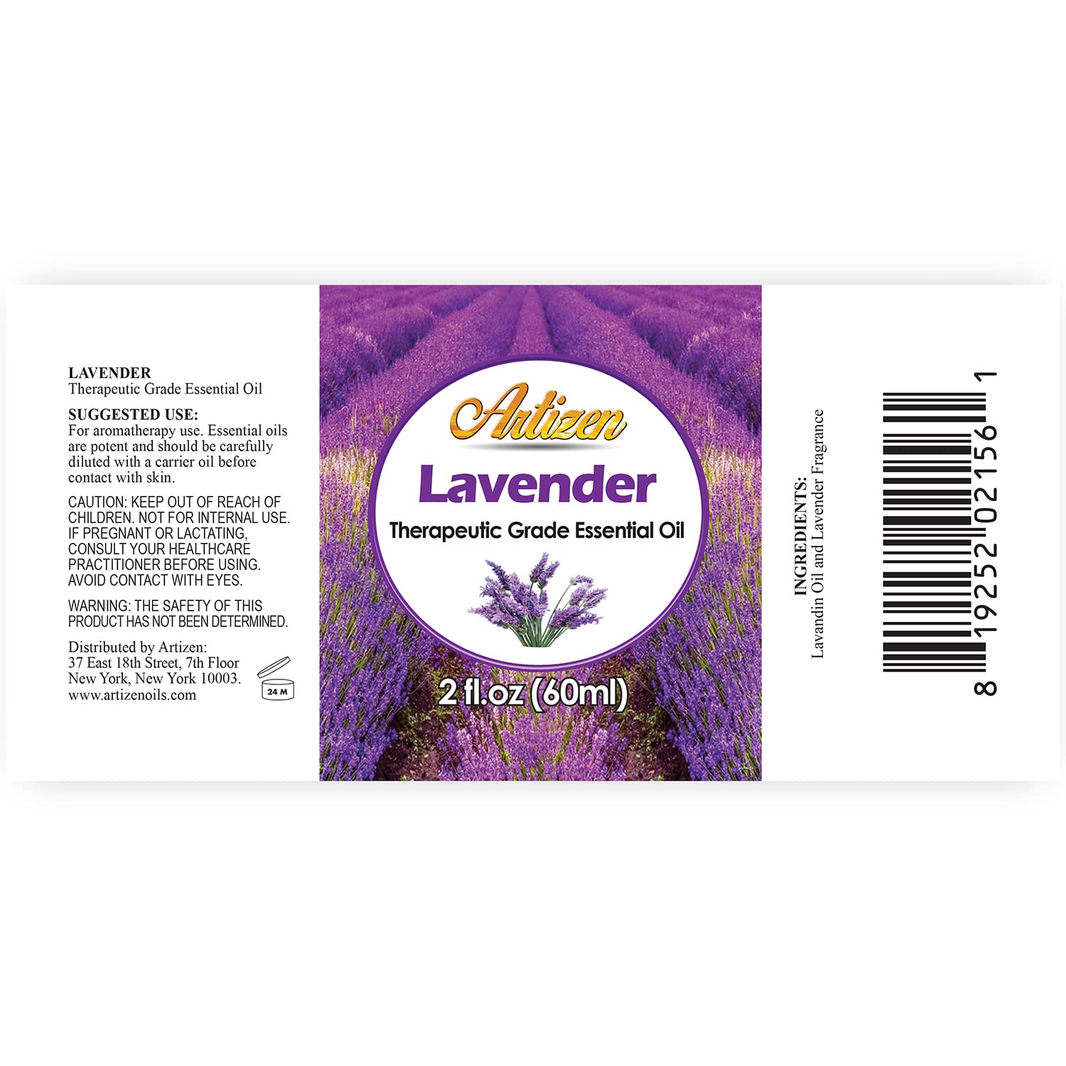 Close-up of Artizen Lavender Essential Oil label on glass bottle.