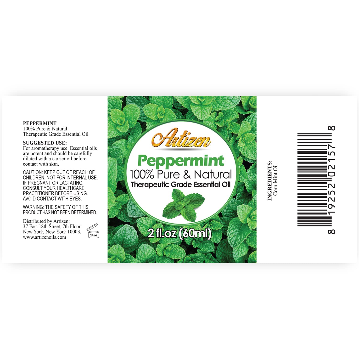 Close-up of Artizen Peppermint Essential Oil bottle (Mentha piperita) 2oz