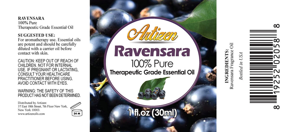Close-up of Ravensara essential oil label