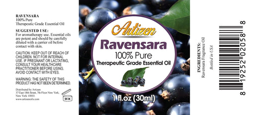 Close-up of Ravensara essential oil label