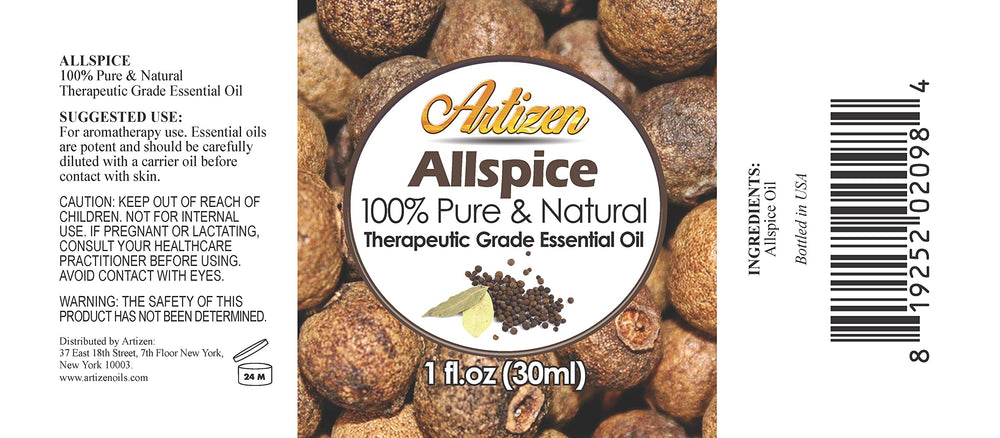 Close-up of Artizen Allspice essential oil bottle