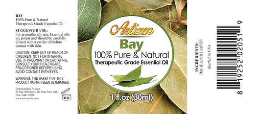 Close-up of Artizen Bay Essential Oil label