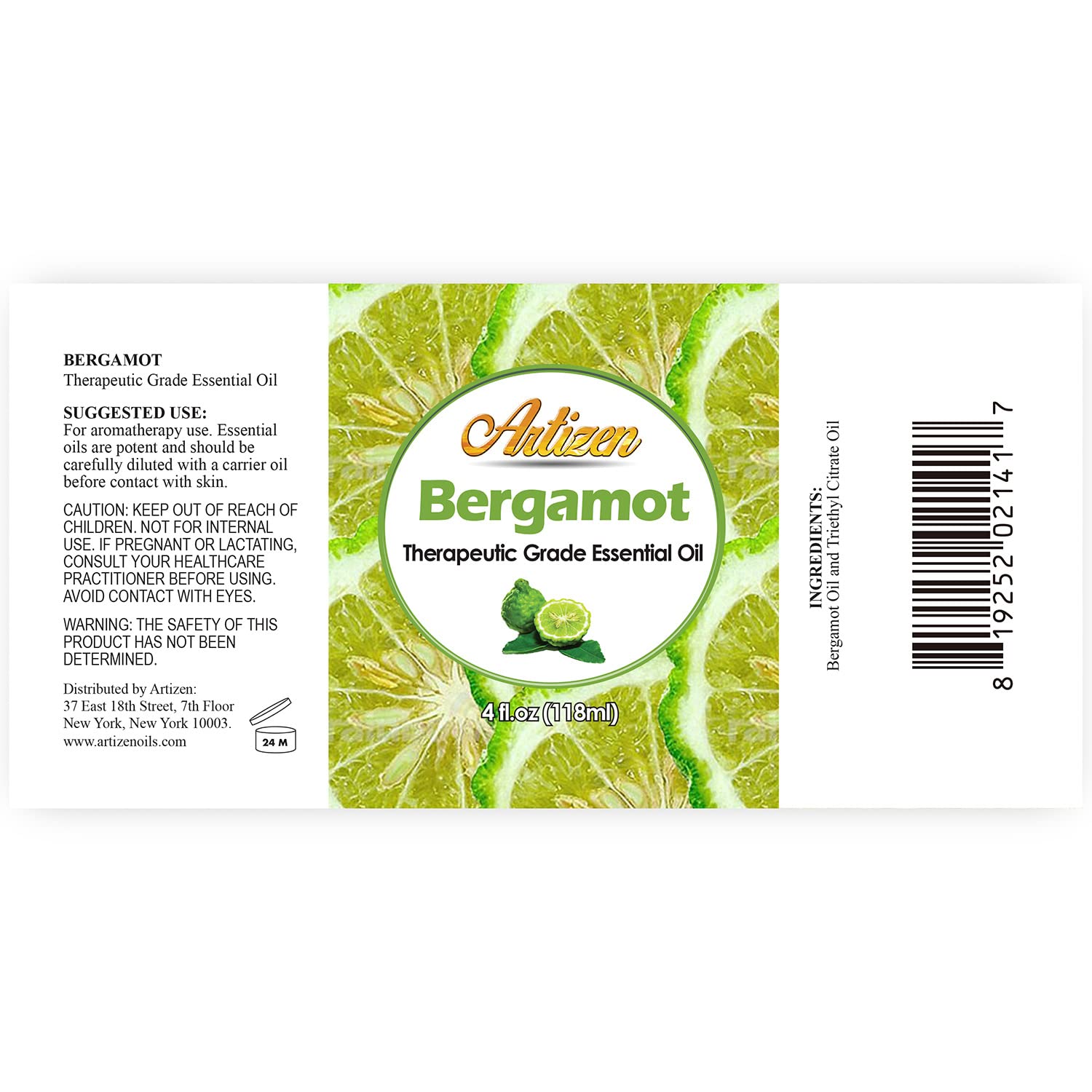 Close-up of Bergamot Essential Oil 4oz bottle label